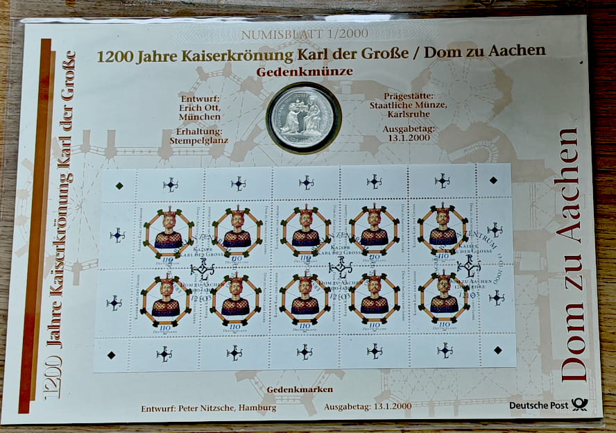 Moneta 10 marek 1200 lat Katedry w Aachen 2000 r.