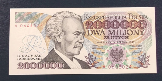 2000000 zł Ignacy Jan PADEREWSKI seria A 1992 z BŁĘDEM!! UNC