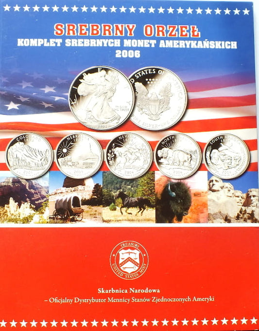 Srebrny Orzeł + 5 x ćwierćdolarówka USA